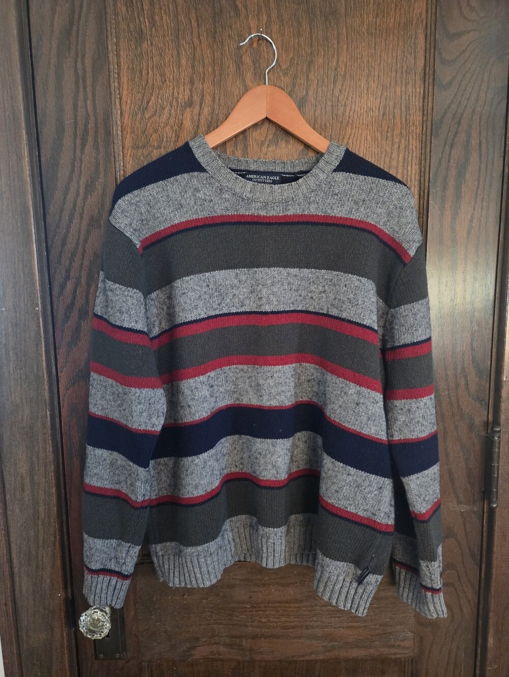 American Eagle Cotton & Wool Gray Crewneck Sweater Red, Navy Stripes